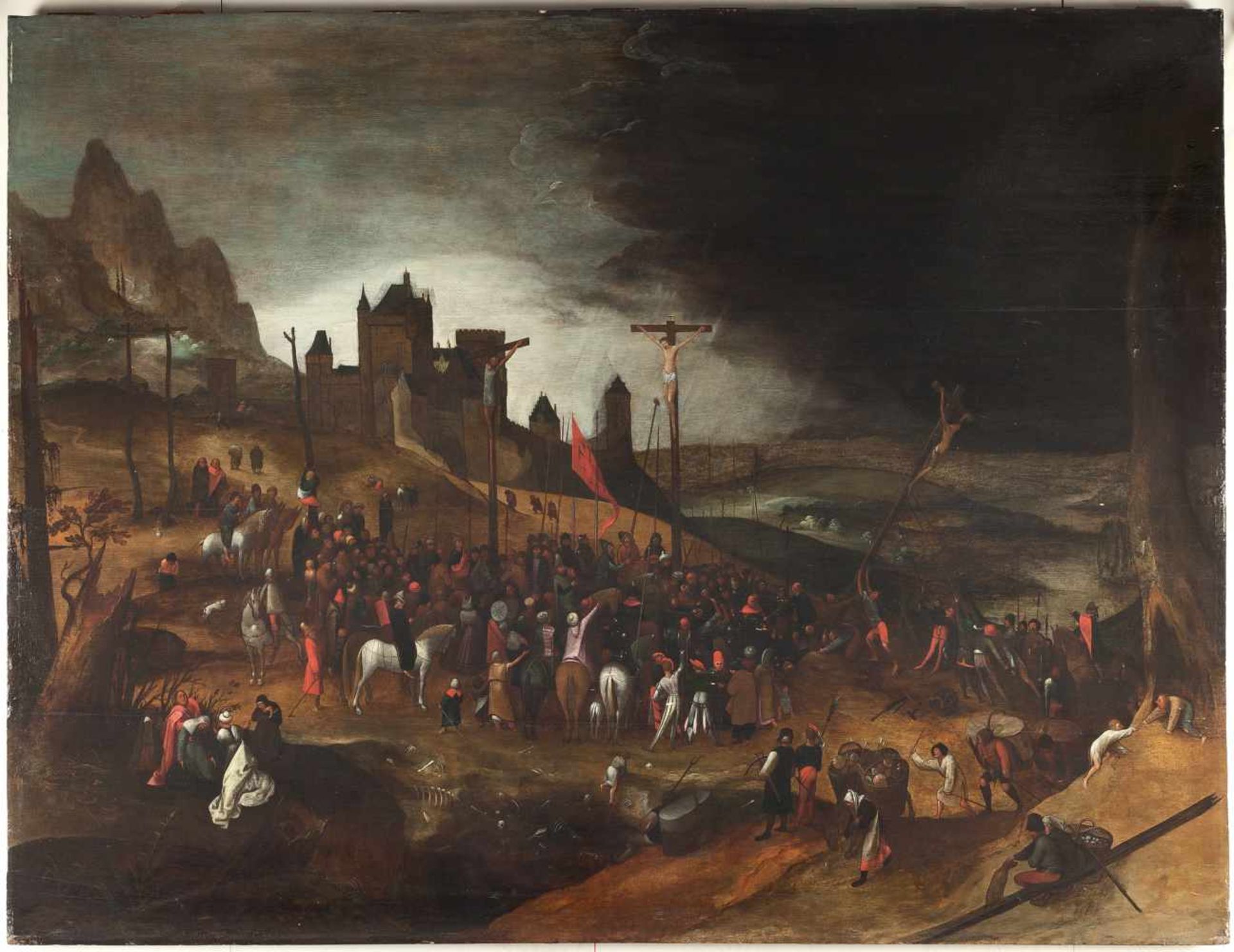 Marten van Cleve Die Kreuzaufrichtung Öl auf Holz, parkettiert. (1570er Jahre). 96 x 125 cm. Seit - Image 2 of 3