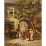 Frederick Arthur Bridgman Araber in einem Hof Öl auf Holz. 28 x 22,5 cm. Signiert unten rechts.