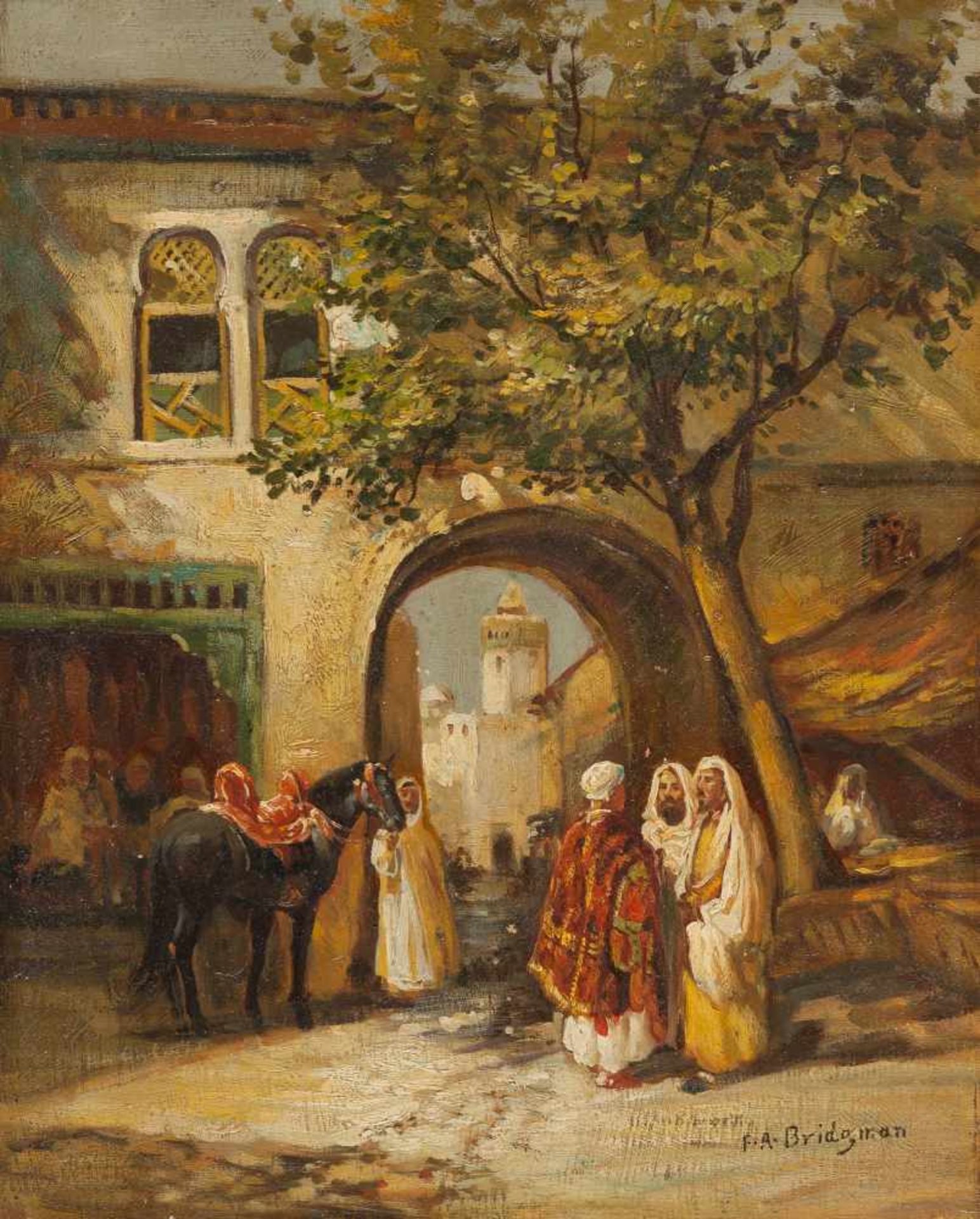 Frederick Arthur Bridgman Araber in einem Hof Öl auf Holz. 28 x 22,5 cm. Signiert unten rechts.