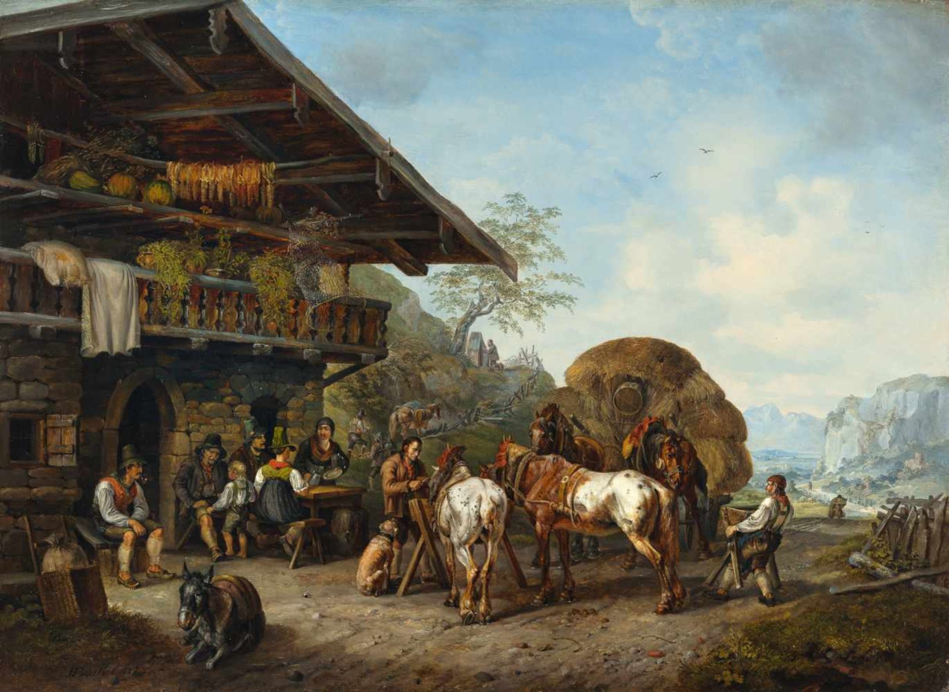 Heinrich Bürkel Wirtshaus im Gebirge Öl auf Holz. 1827. 35 x 48 cm. Signiert und datiert unten