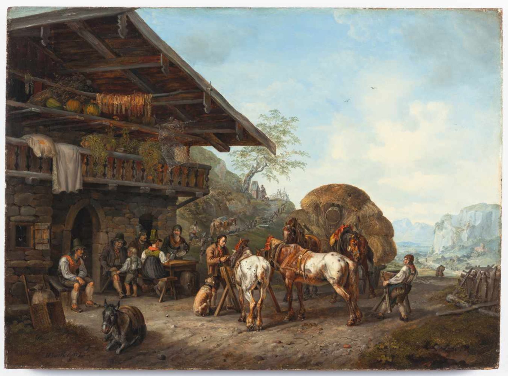 Heinrich Bürkel Wirtshaus im Gebirge Öl auf Holz. 1827. 35 x 48 cm. Signiert und datiert unten - Bild 2 aus 3