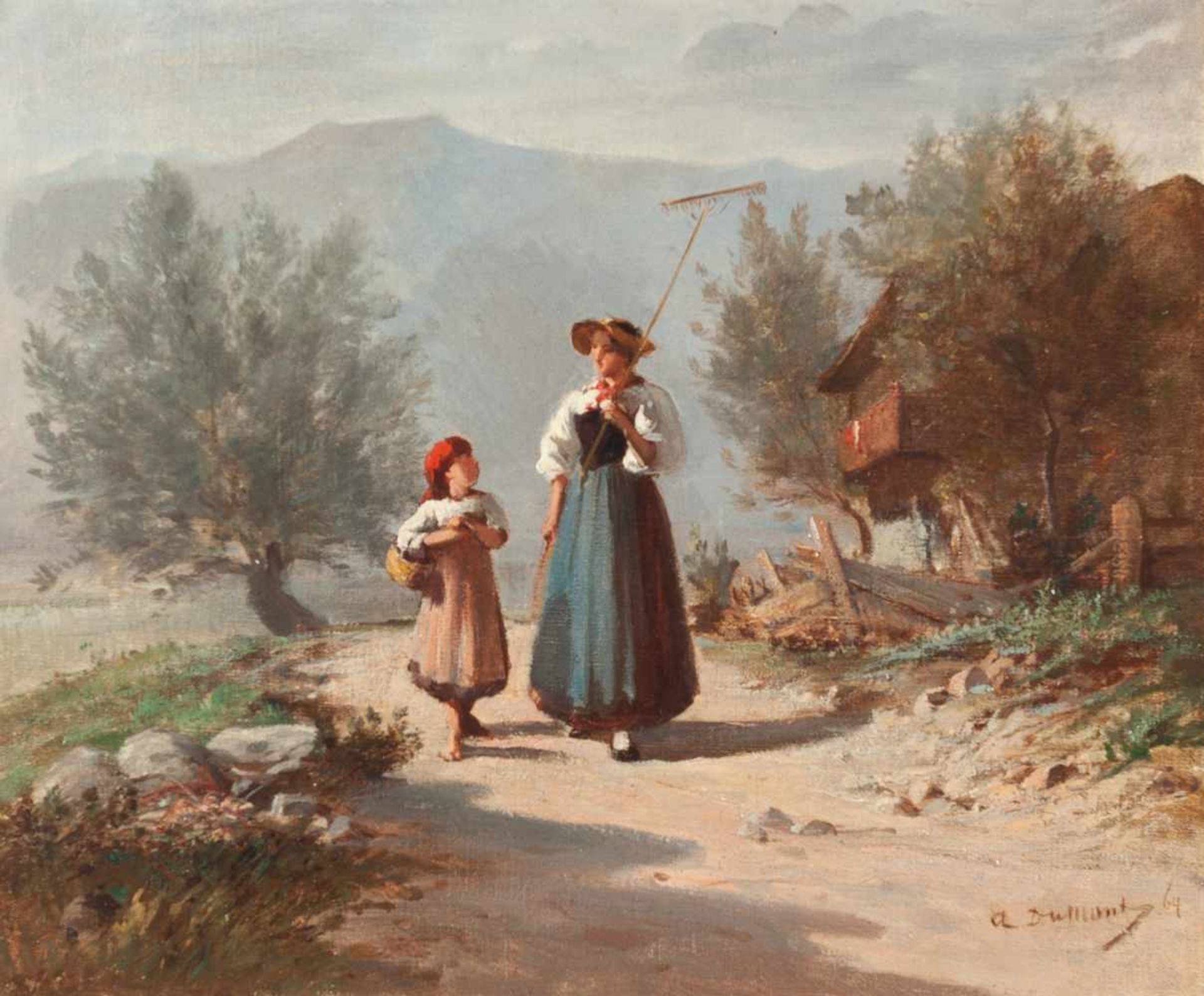 Alfred Paul Emil Dumont Sennerin auf dem Heimweg Öl auf Leinwand. (1864). 21 x 25 cm. Signiert und