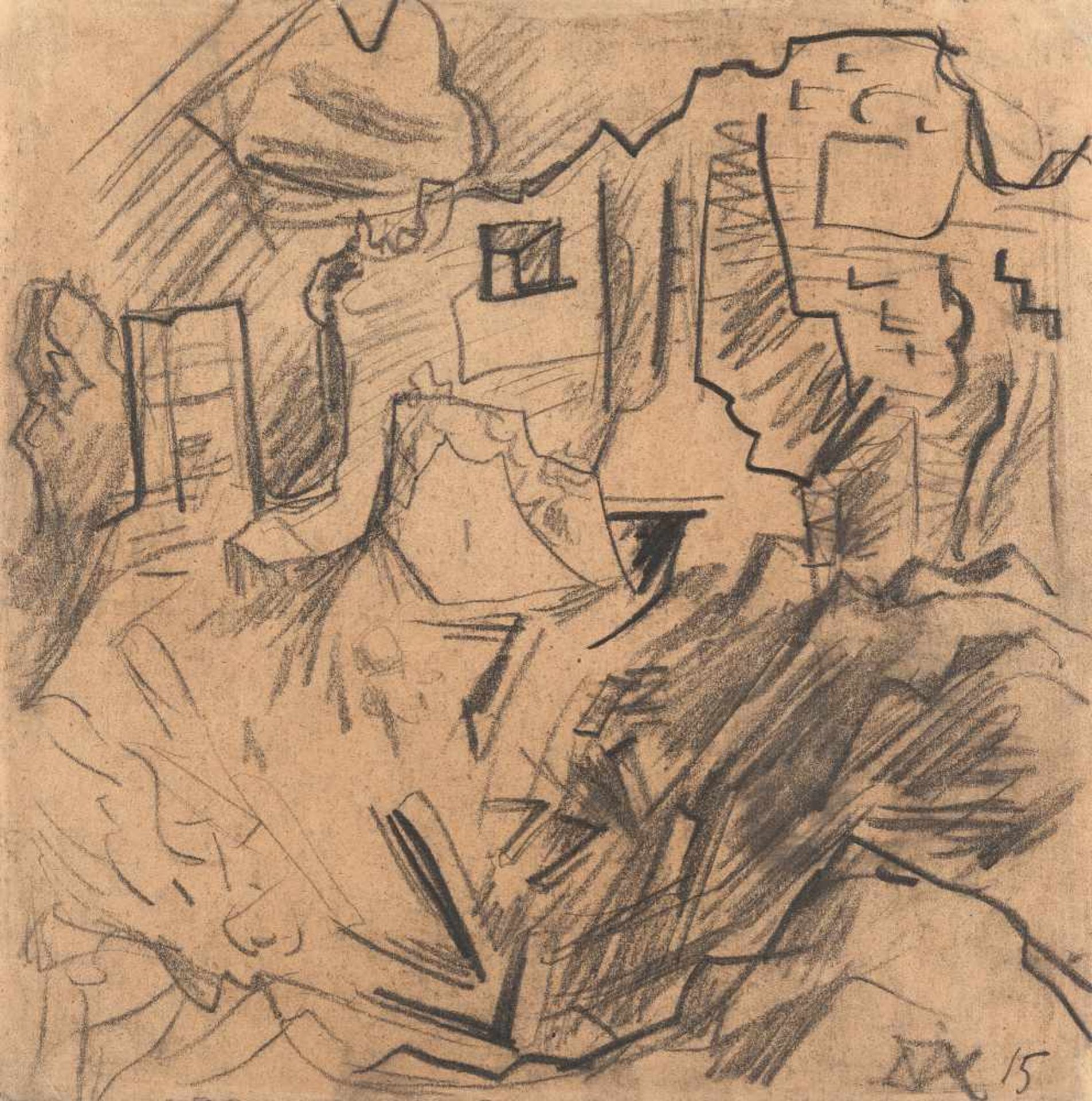 Otto Dix Trümmer Bleistift auf bräunlichem Papier. (19)15. Ca. 28,5 x 28 cm. Signiert und datiert