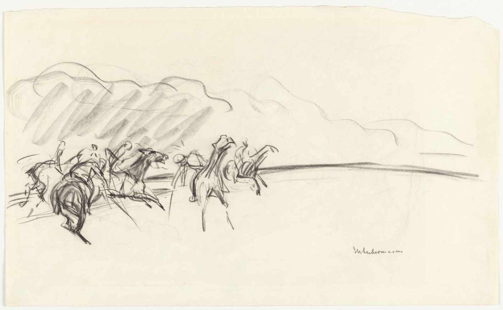 Max Liebermann Recto - Verso: Polospiel Kreide auf chamoisfarbenem, glattem Velin. Ca. 23 x 38 cm. - Image 2 of 4