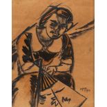 Hermann Max Pechstein Frau mit Fächer (Lotte) Tuschpinsel und Aquarell auf bräunlichem Velin,