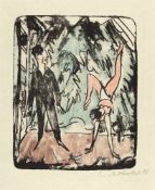 Erich Heckel Handstand Lithographie, monotypieartig koloriert, auf festem Japanbütten. (19)21. Ca.