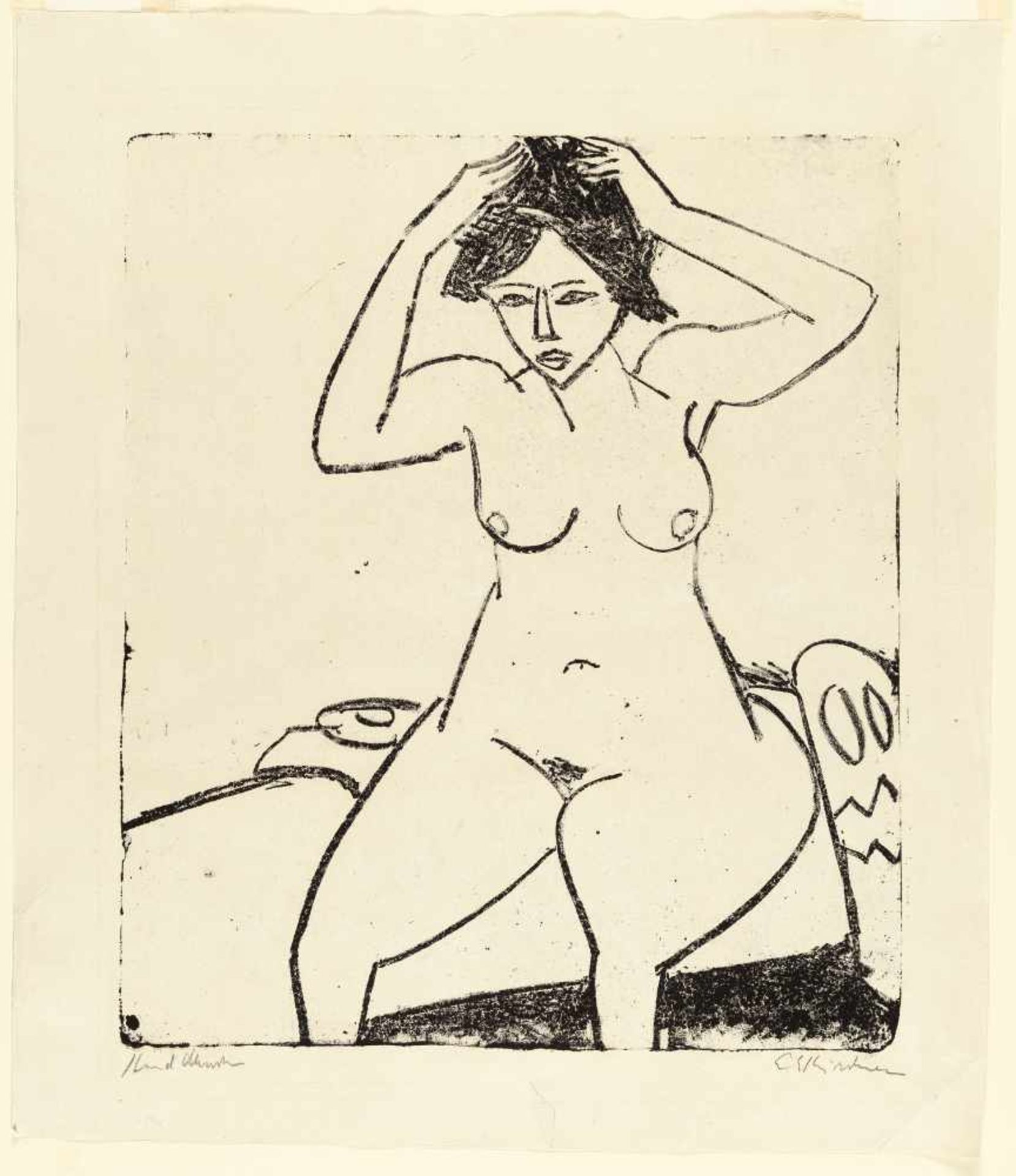 Ernst Ludwig Kirchner Akt auf Bett, sich das Haar machend Lithographie auf glattem Velin. (1911). - Image 2 of 3