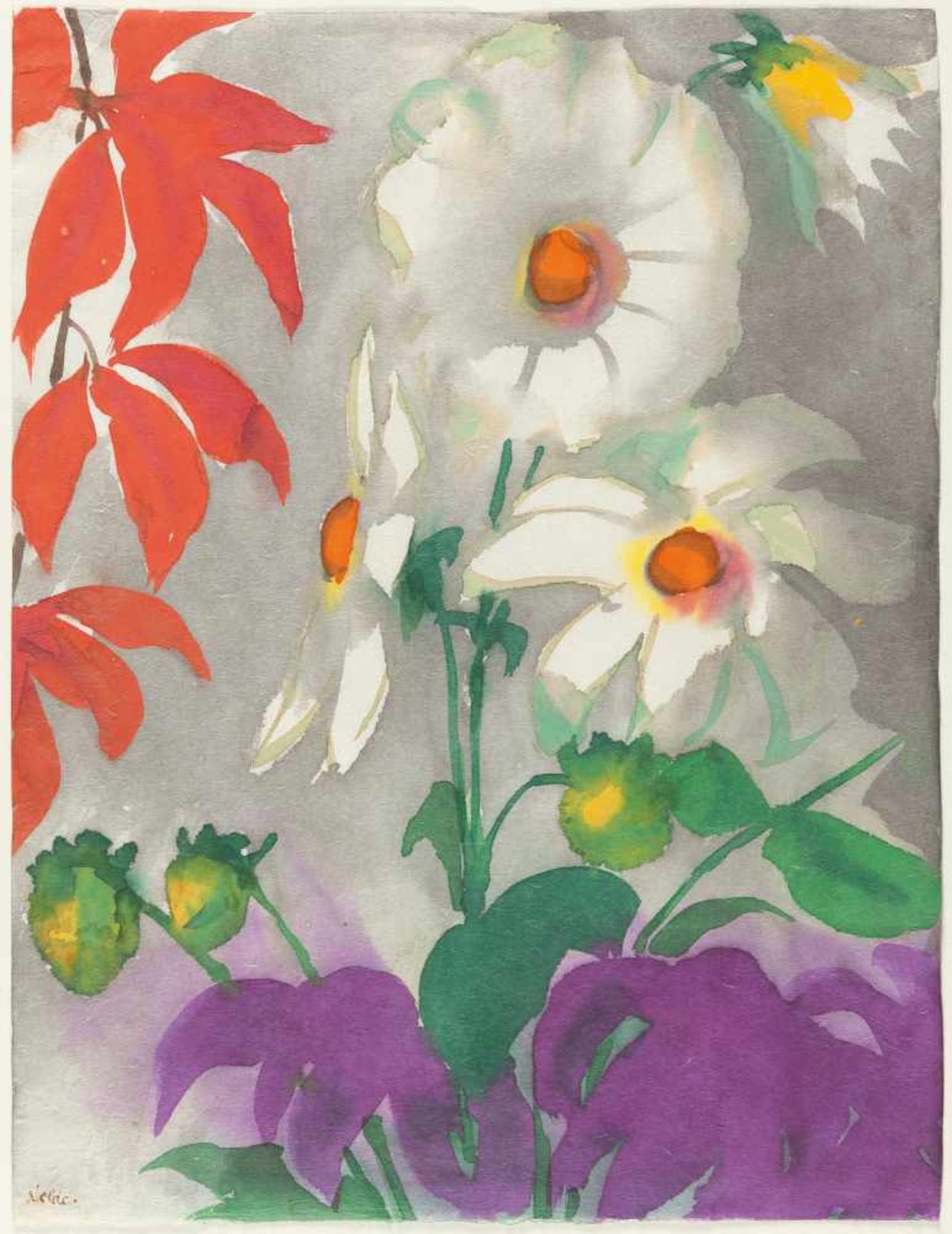 Emil Nolde Weinlaub und Dahlien Aquarell auf Japan. (Um 1930/40). Ca. 47 x 36 cm. Signiert unten - Image 2 of 3