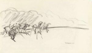 Max Liebermann Recto - Verso: Polospiel Kreide auf chamoisfarbenem, glattem Velin. Ca. 23 x 38 cm.