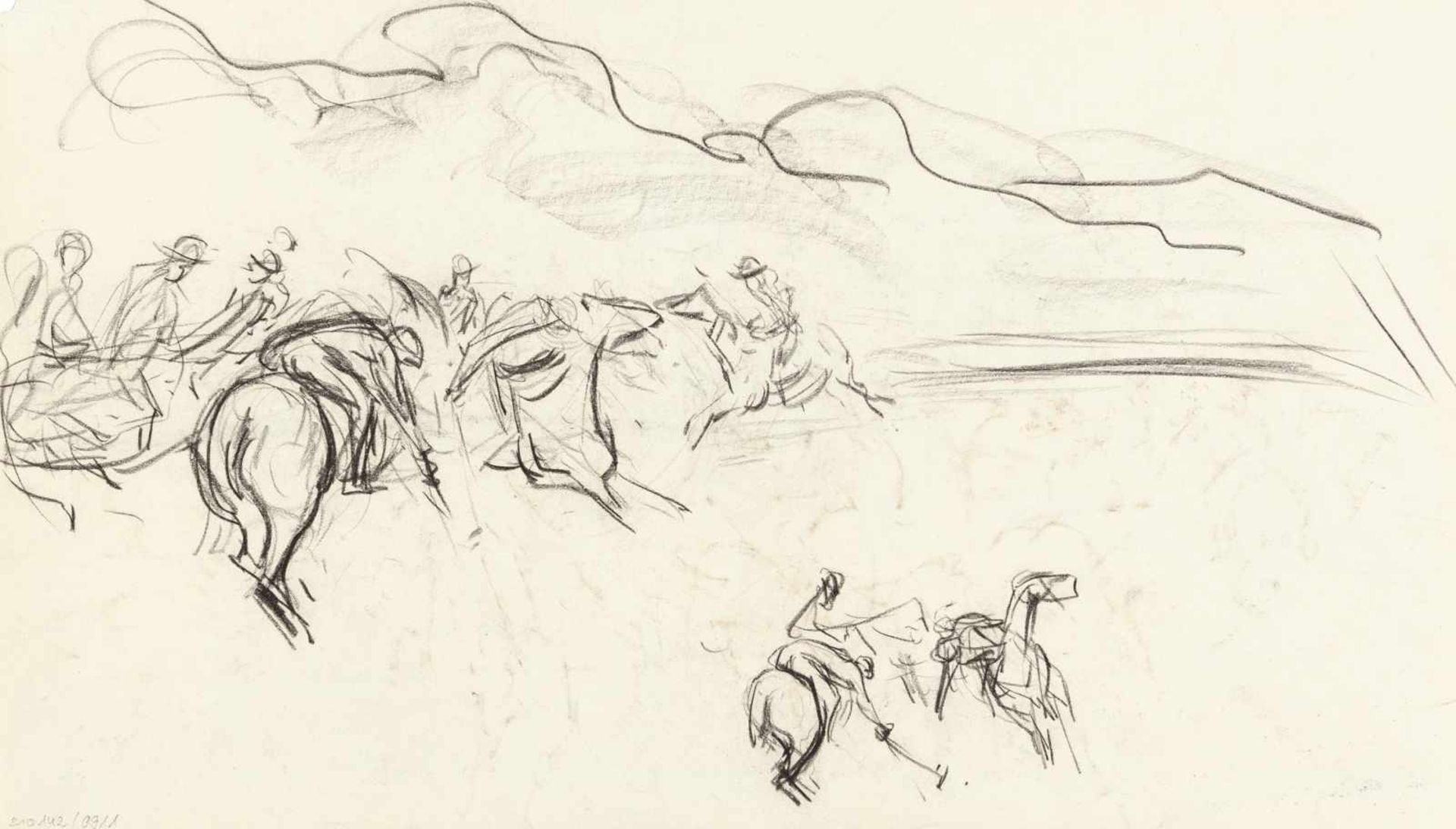 Max Liebermann Recto - Verso: Polospiel Kreide auf chamoisfarbenem, glattem Velin. Ca. 23 x 38 cm. - Image 3 of 4