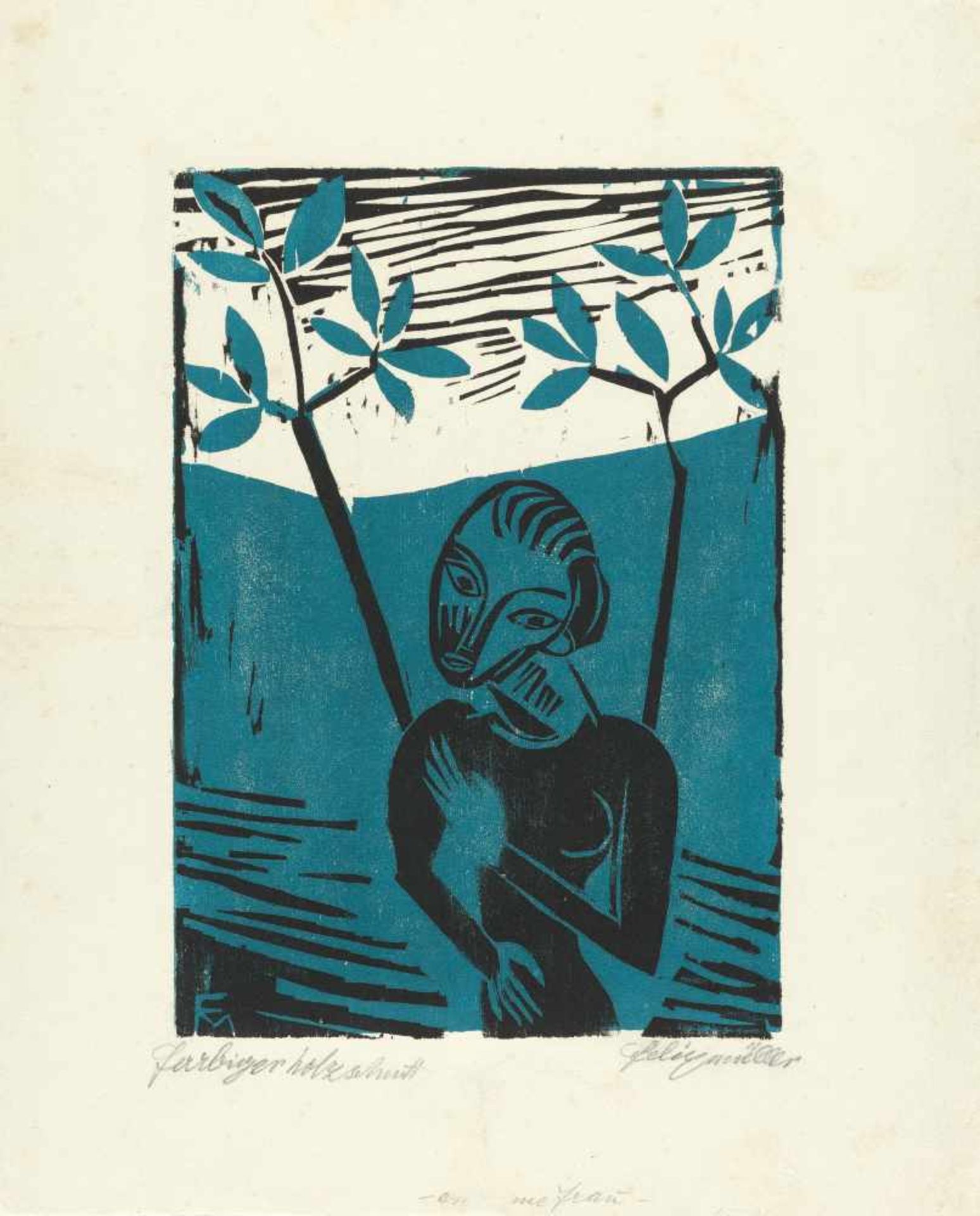 Conrad Felixmüller „Einsame Frau“ Holzschnitt in Schwarz und Blau auf weichem Velin. Ca. 30 x 21