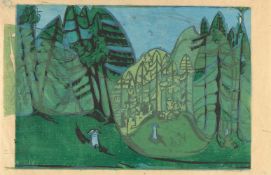 Ernst Ludwig Kirchner Waldfriedhof am Abend Farbiger Holzschnitt auf bräunlichem Japanbütten. (