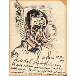 Hermann Max Pechstein Selbstporträt auf einem Brief Tuschfeder und Aquarell auf Velin mit Wz. „