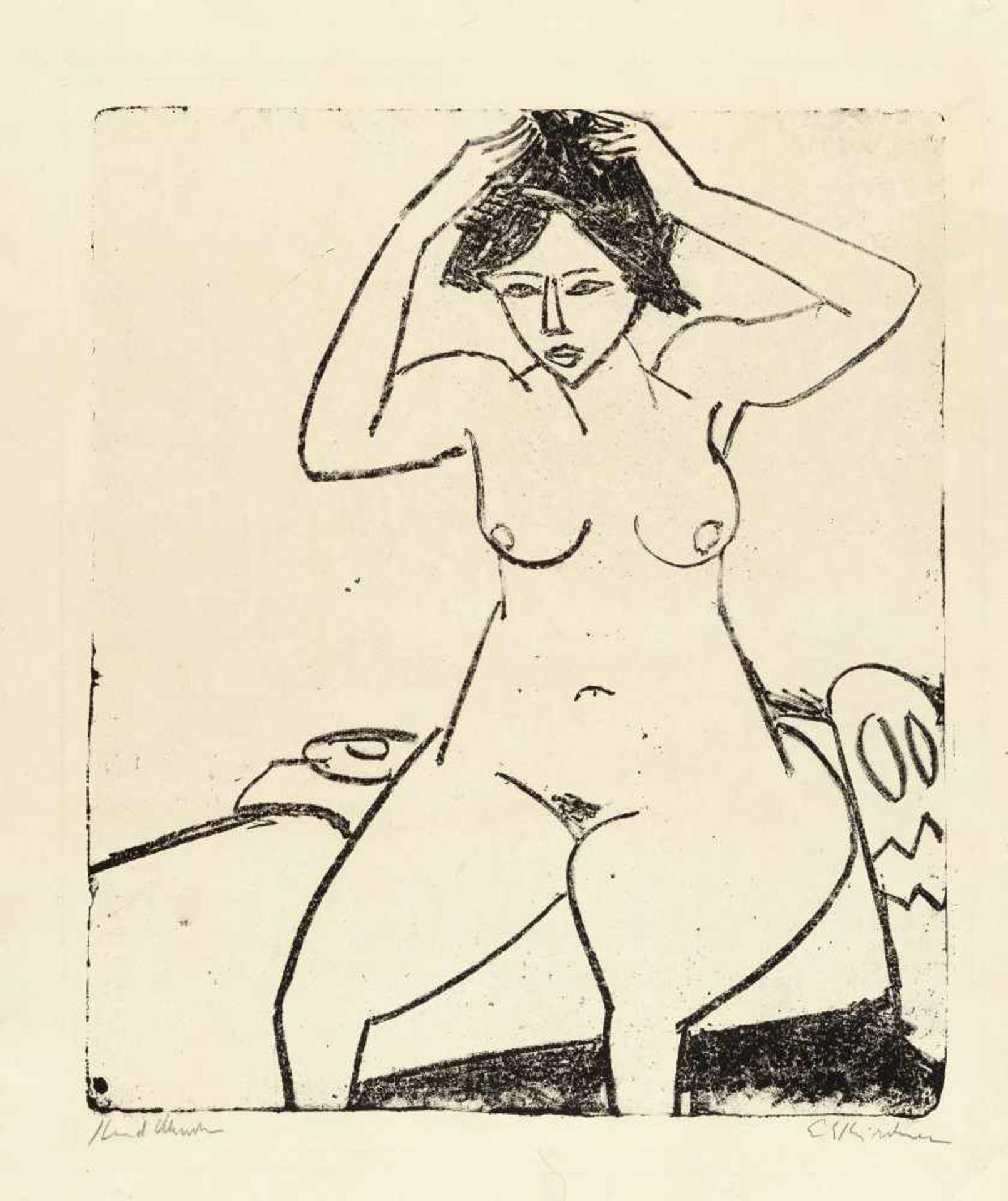 Ernst Ludwig Kirchner Akt auf Bett, sich das Haar machend Lithographie auf glattem Velin. (1911).