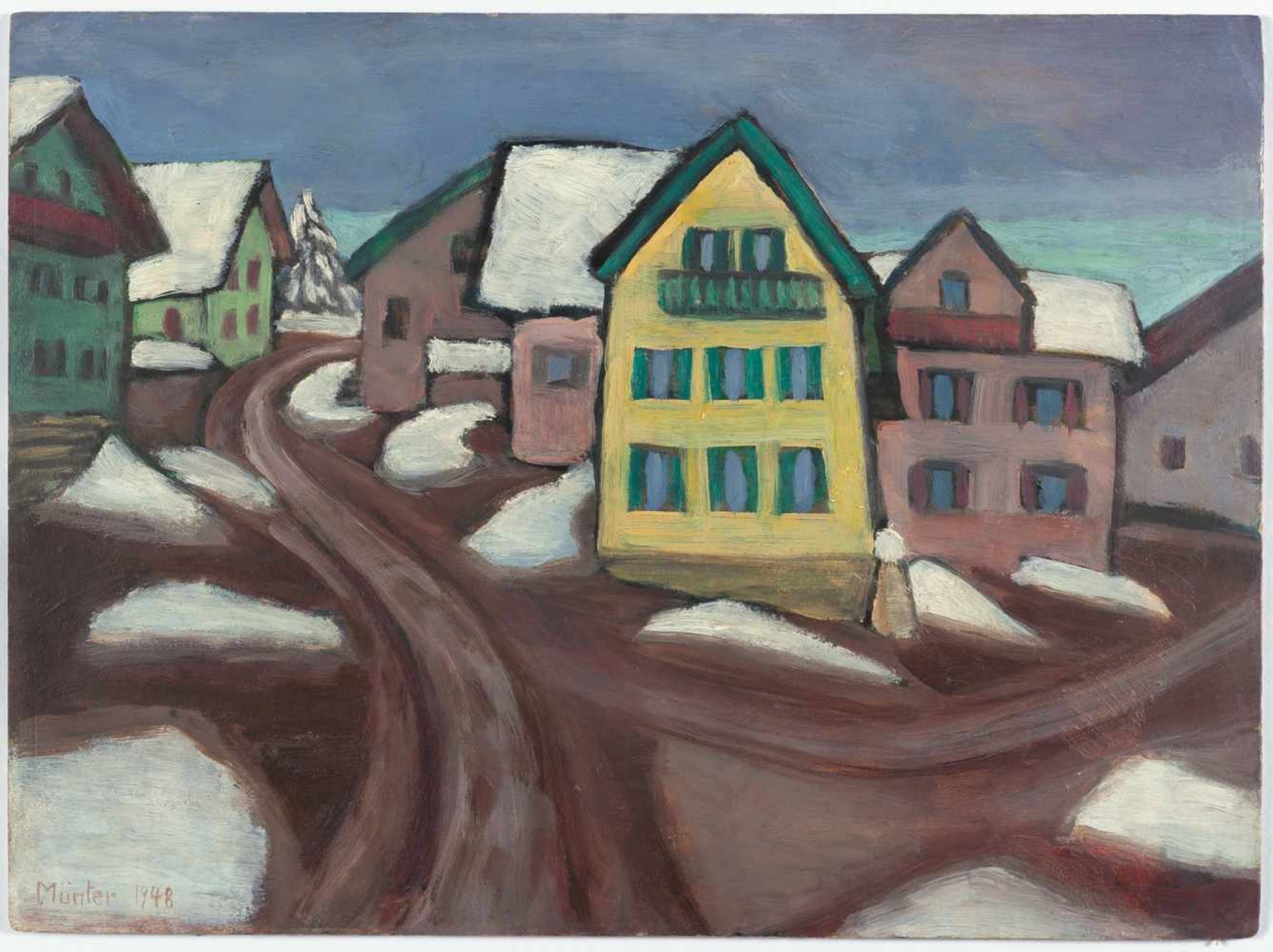 Gabriele Münter „Tauwetter im Dorf“ (Murnau) Öl auf Malkarton. 1948. Ca. 33 x 44,5 cm. Signiert - Bild 2 aus 3
