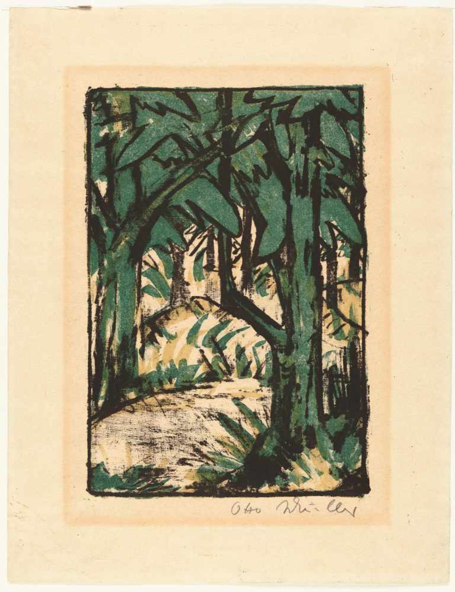 Otto Mueller Waldlandschaft Farbige Lithographie auf chamoisfarbenem Velin. (Um 1924). Ca. 25 x 17 - Bild 2 aus 3