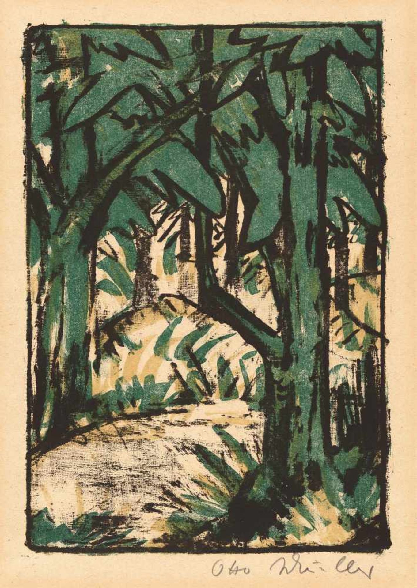 Otto Mueller Waldlandschaft Farbige Lithographie auf chamoisfarbenem Velin. (Um 1924). Ca. 25 x 17
