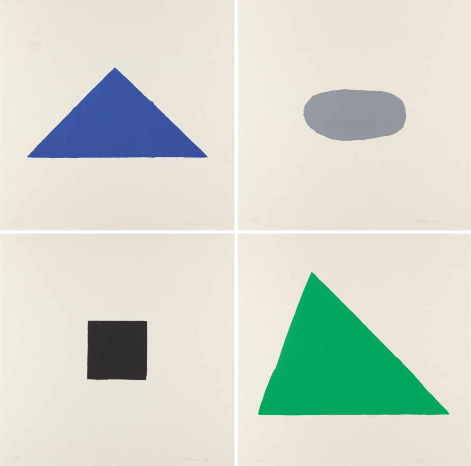 Blinky Palermo Folge von 4 Bll.: 4 Prototypen Serigraphie in Blau (1), Grau (1), Schwarz (1) und