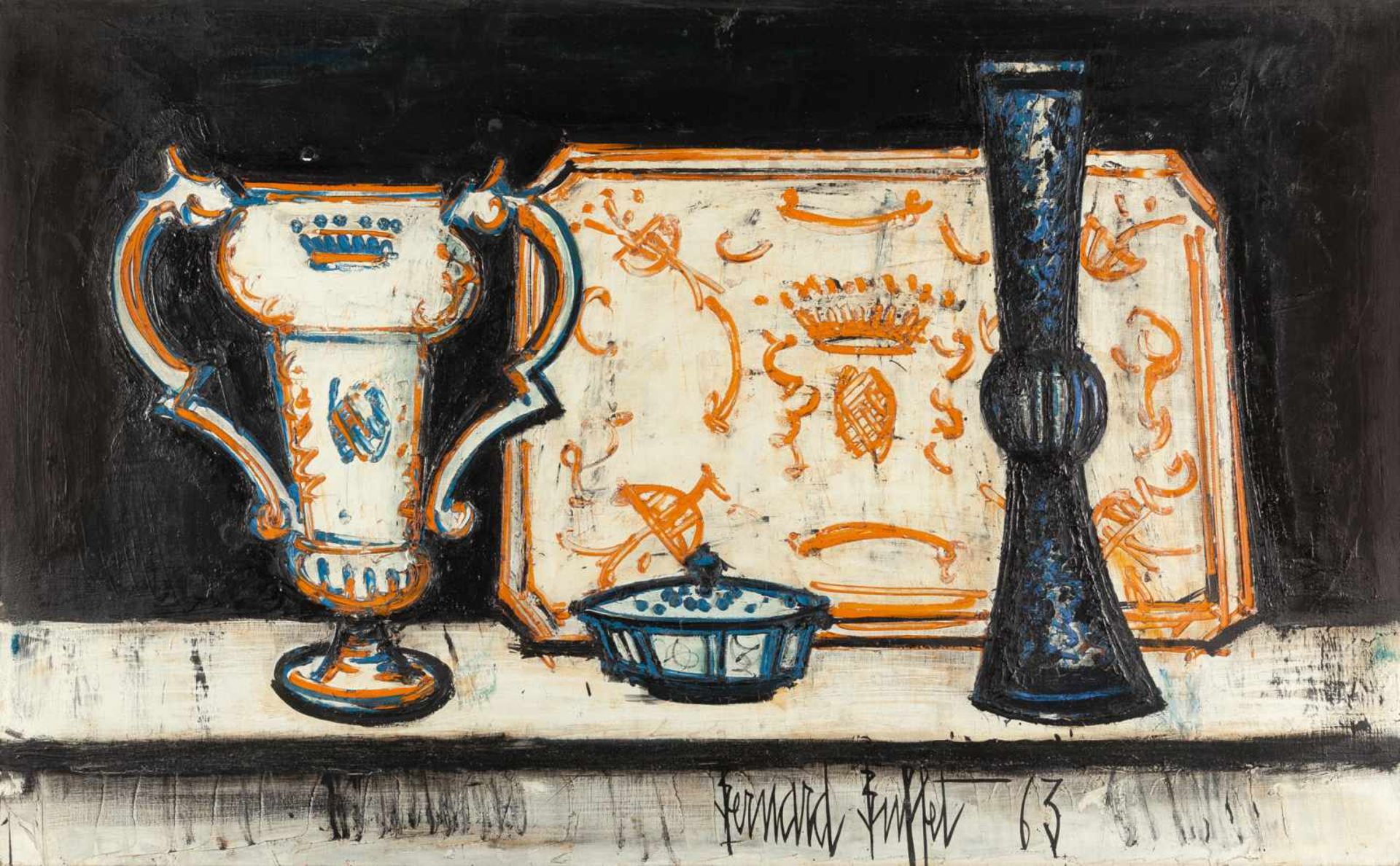 Bernard Buffet Stillleben Öl auf Leinwand. 19(63). Ca. 81 x 130 cm. Signiert und datiert unten,