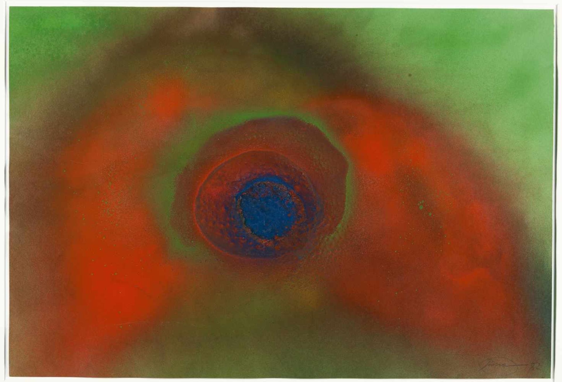 Otto Piene Ohne Titel (Feuergouache) Feuergouache auf grünem, leichtem Karton. (19)82. Ca. 47 x 68,5 - Image 2 of 2