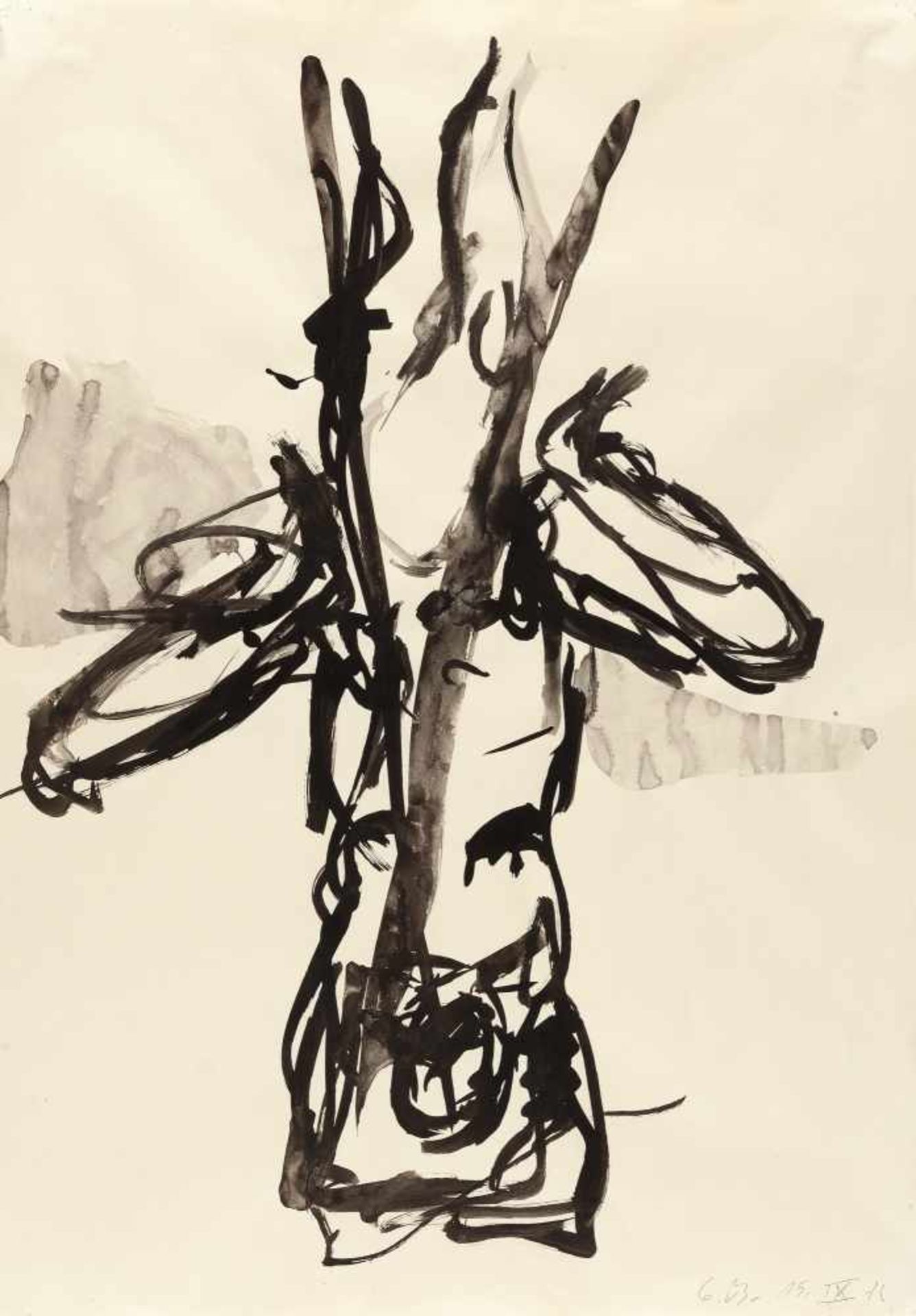 Georg Baselitz Ohne Titel (Dreibeiniger Akt) Tusche auf Velin. (19)76. Ca. 61 x 42,5 cm.