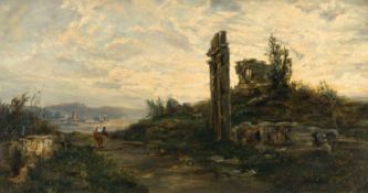 Deutsch um 1850Südliche Landschaft mit Ruinen und LandleutenÖl auf Leinwand. 33,8 x 63 cm.