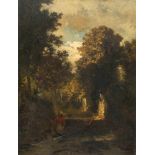 Louis Douzette1834 Tribsees – Barth 1924Der WaldspaziergangÖl auf Malkarton. 38 x 29 cm. Signiert