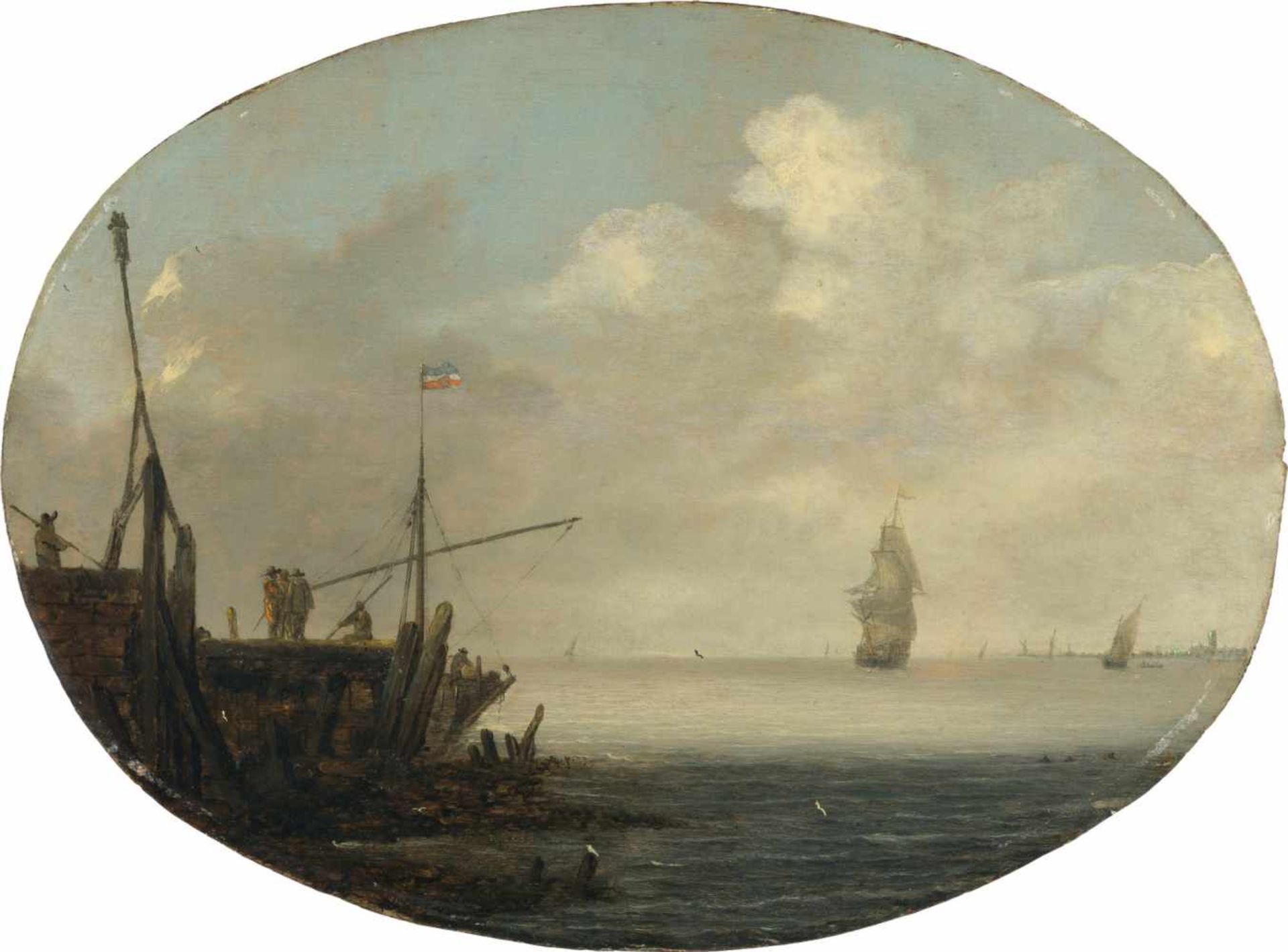 NiederländischSchiffe auf ruhiger See, links eine Landungsstelle aus PfahlwerkÖl auf Holz. (Um