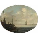 NiederländischSchiffe auf ruhiger See, links eine Landungsstelle aus PfahlwerkÖl auf Holz. (Um