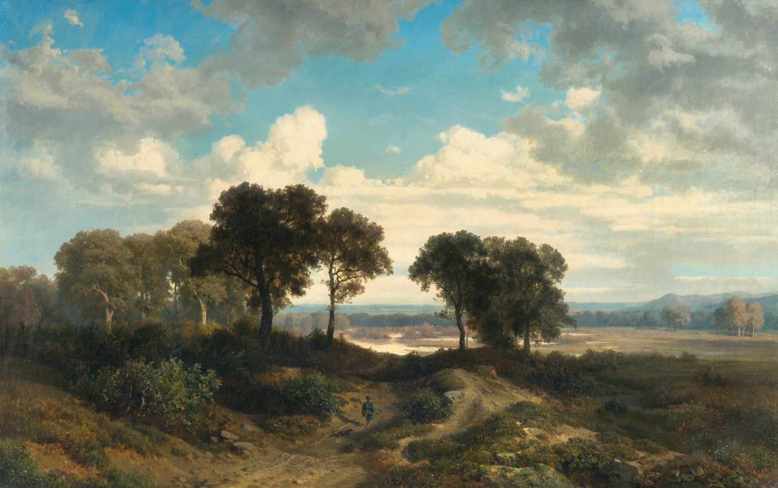 Balduin Wolf1819 - Warmbrunn/Düsseldorf - 1907Landschaft mit JägerÖl auf Leinwand. 1855. 63 x 98,5