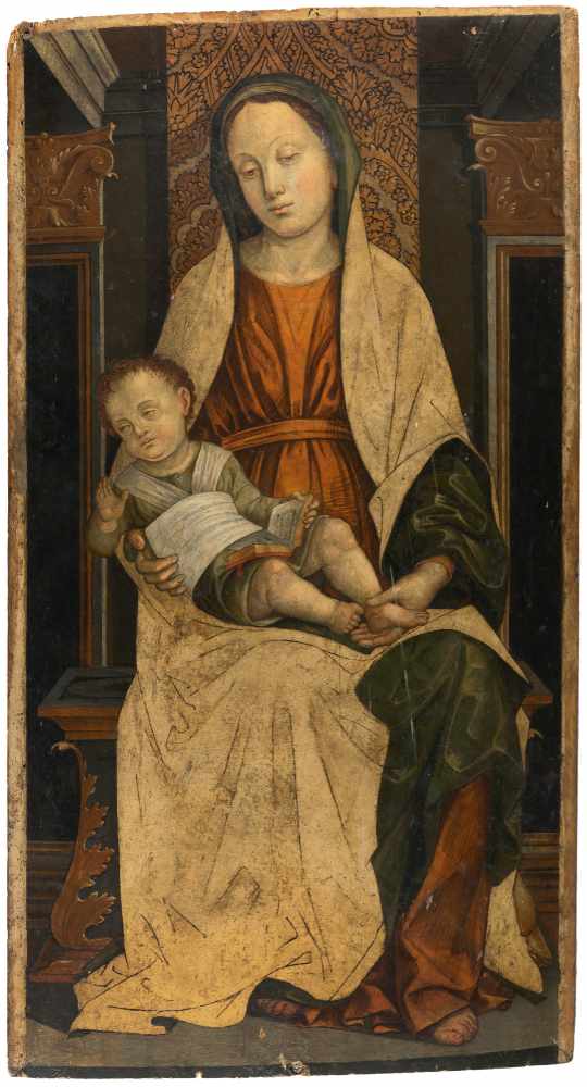 Bernardo Zenale (Werkstatt/Umkreis)um 1460 Treviglio - Mailand 1526Thronende Madonna mit KindÖl - Image 2 of 3