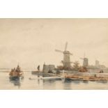 Jan Weissenbruch1822 – Den Haag – 1880Flusslandschaft mit Segelschiffen und WindmühleAquarell auf