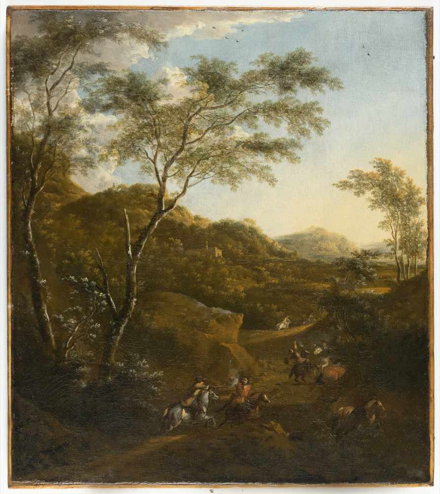 Isaak de Moucheron1667 - Amsterdam - 1744Überfall in bewaldeter hügeliger LandschaftÖl auf Leinwand, - Image 2 of 3