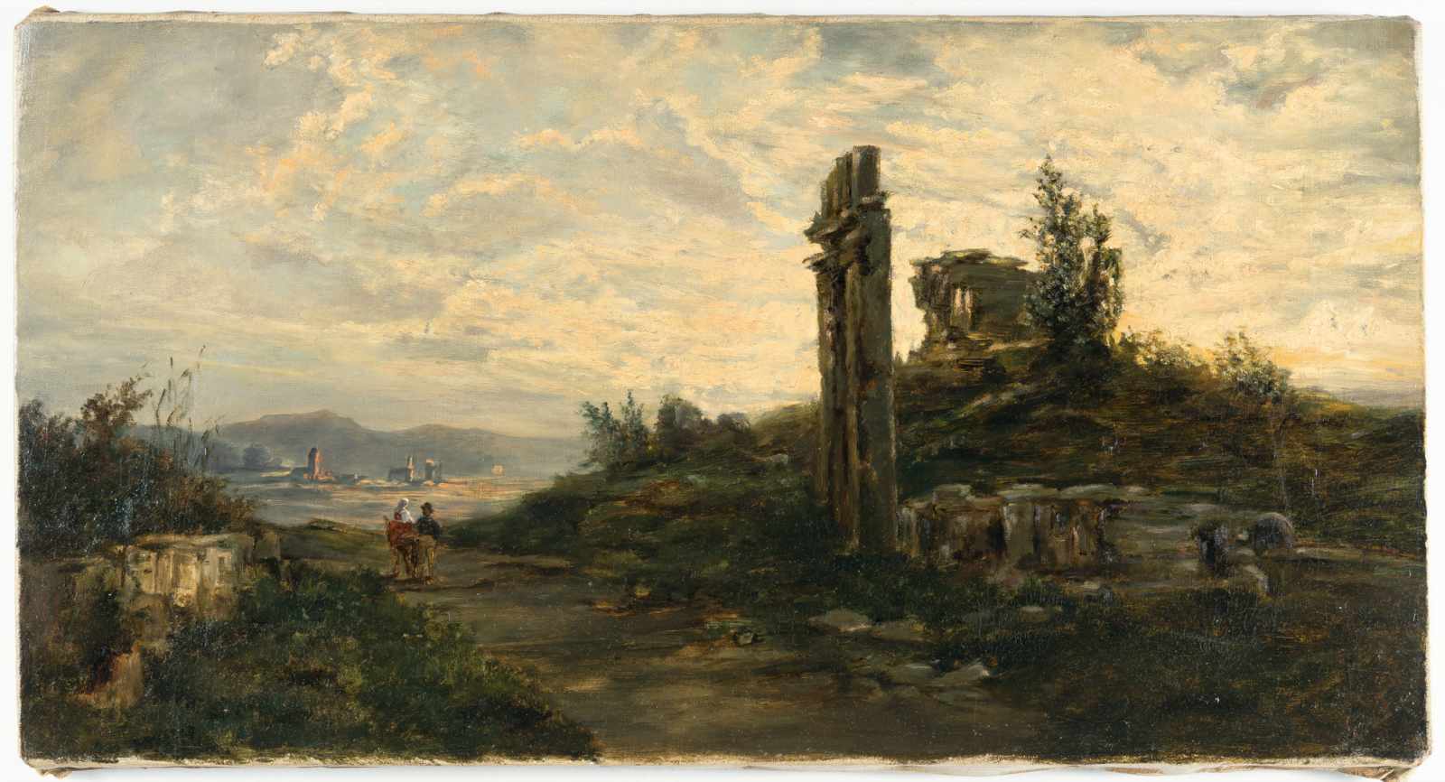Deutsch um 1850Südliche Landschaft mit Ruinen und LandleutenÖl auf Leinwand. 33,8 x 63 cm. - Image 2 of 3