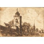 NiederländischDorfansichtFeder in Braun auf Bütten. (18. Jh.). 9,6 x 14,2 cm.Papier etwas