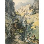 Johann Grund1808 Wien – Baden-Baden 1887Kapelle vor Wasserfall im GebirgeAquarell auf Papier. 28,6 x