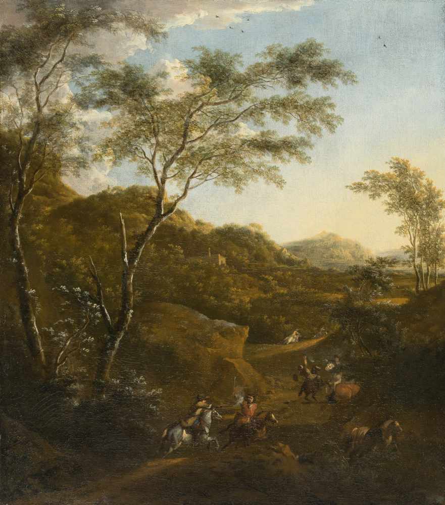 Isaak de Moucheron1667 - Amsterdam - 1744Überfall in bewaldeter hügeliger LandschaftÖl auf Leinwand,