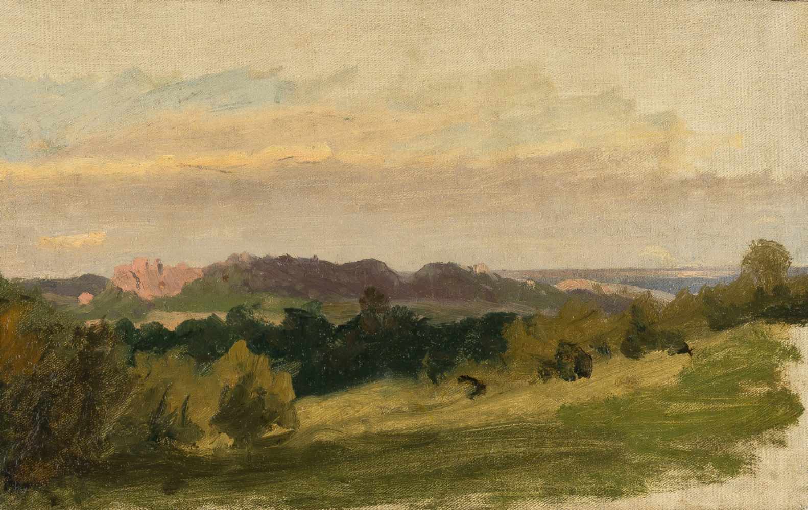 Deutsch um 1860/70Landschaft in AbendstimmungÖl auf Leinwand, auf Karton aufgezogen. 24,8 x 38,3