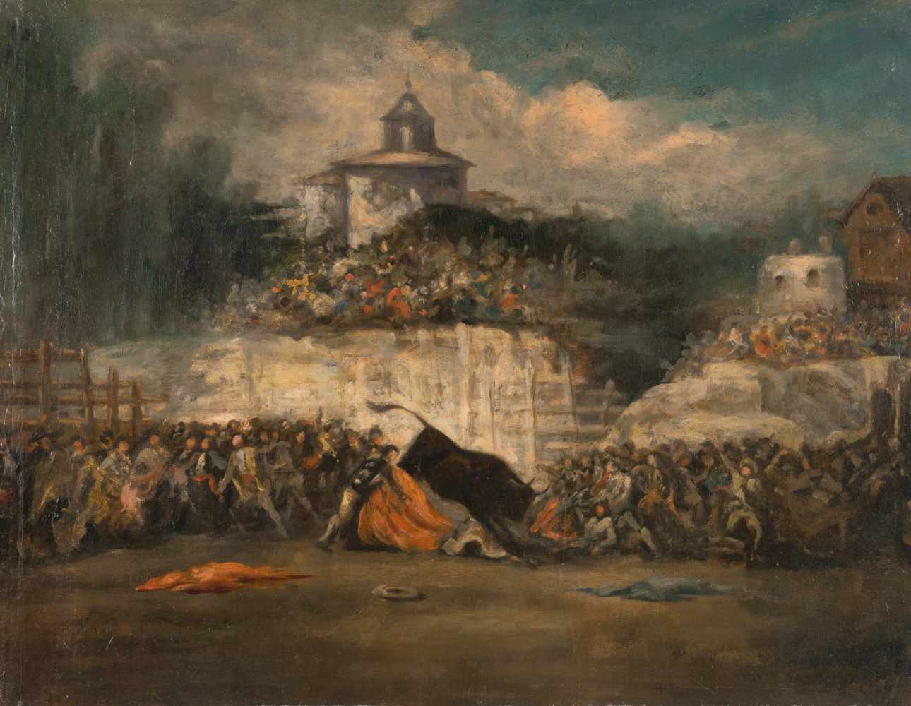 SpanischCorrida de torosÖl auf Leinwand, doubliert. (Um 1840). 50 x 65,3 cm.SpanishCorrida de