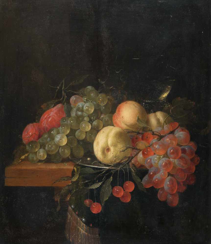 Pieter de Ringum 1615 - Leiden - 1660Früchtestillleben mit Pfirsichen, Trauben und PflaumenÖl auf