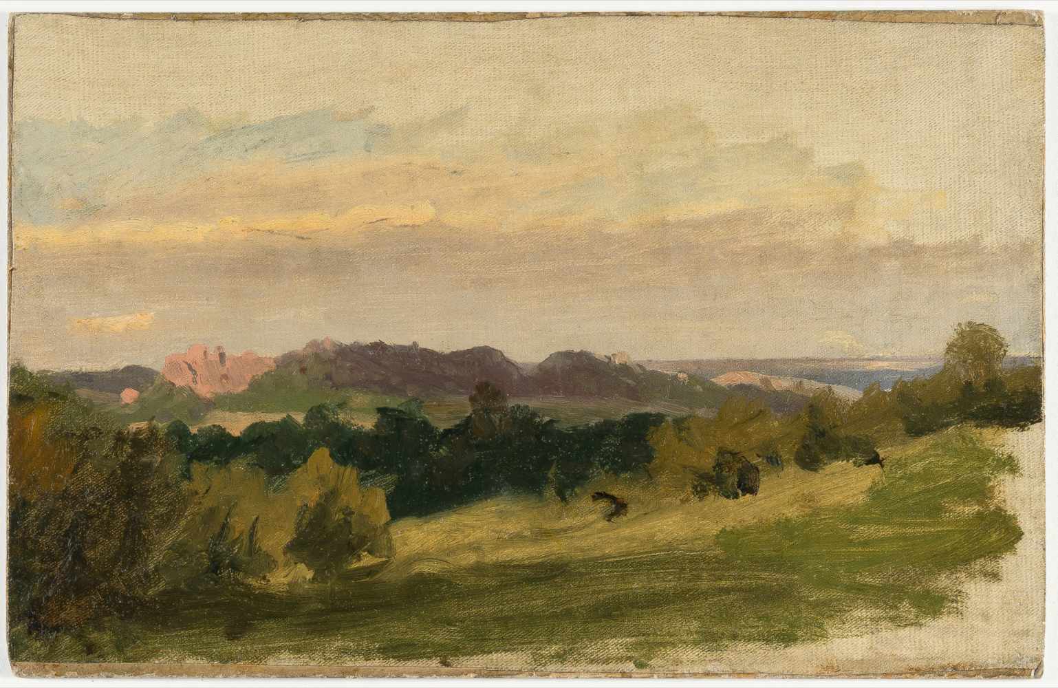 Deutsch um 1860/70Landschaft in AbendstimmungÖl auf Leinwand, auf Karton aufgezogen. 24,8 x 38,3 - Image 2 of 3