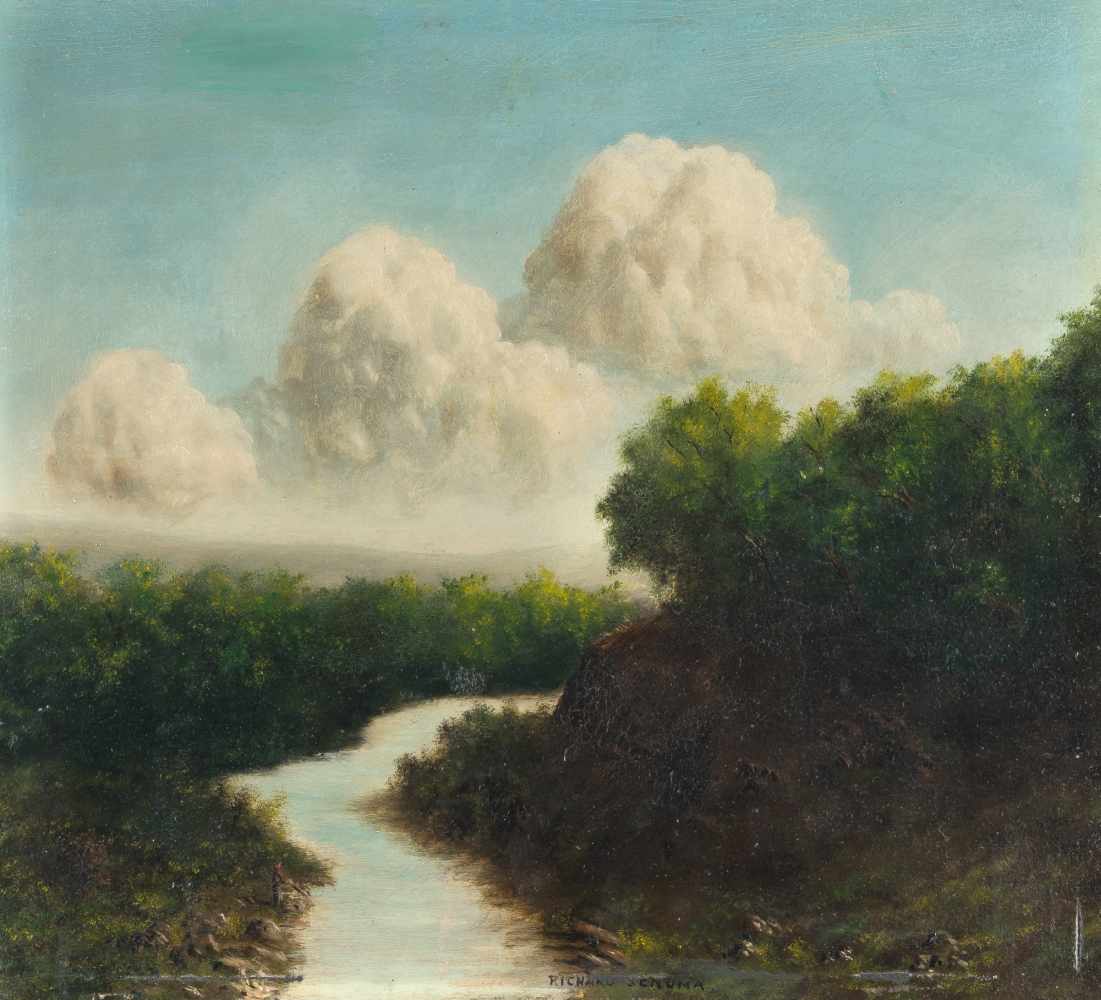 Richard Schuma ?Flusslandschaft mit AnglerÖl auf Leinwand, auf Hartfaser aufgelegt. (Um 1860). 27,