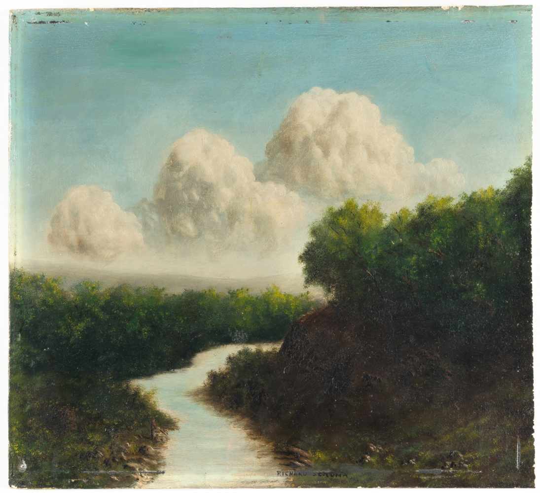 Richard Schuma ?Flusslandschaft mit AnglerÖl auf Leinwand, auf Hartfaser aufgelegt. (Um 1860). 27, - Image 2 of 3