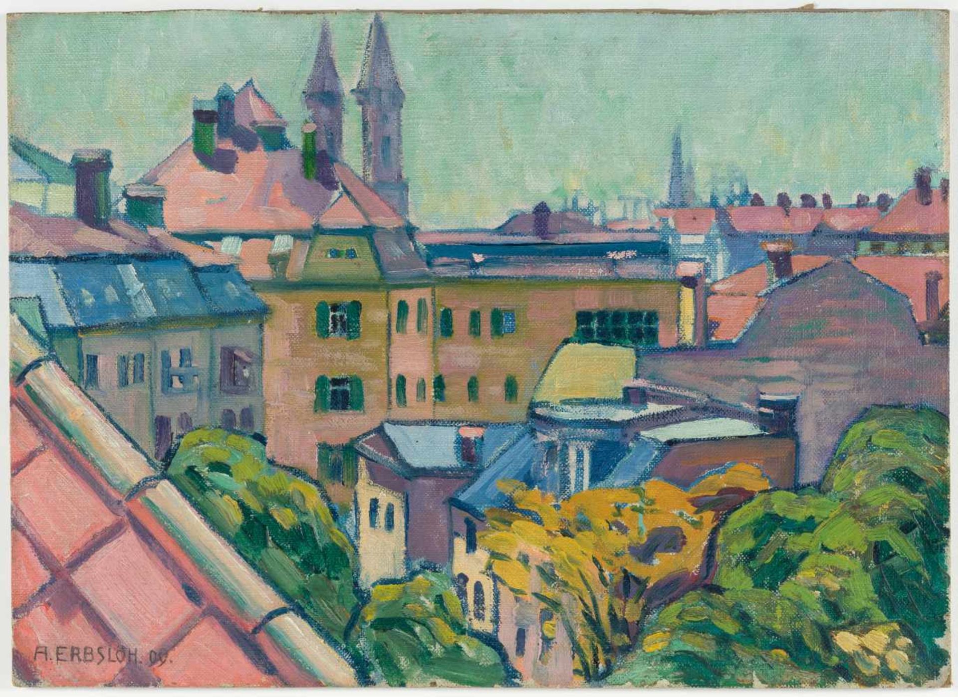 Adolf Erbslöh1881 New York - Irschenhausen 1947Blick auf die StadtÖl auf Leinwand, auf Pappe - Image 2 of 3