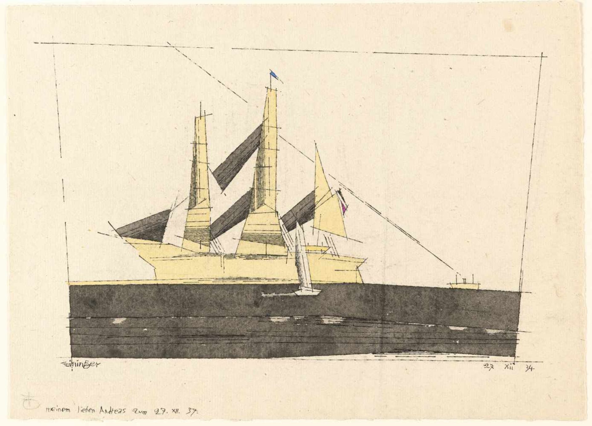 Lyonel Feininger1871 - New York - 1956Segelschiff auf schwarzer SeeAquarell und Tusche auf - Image 2 of 3