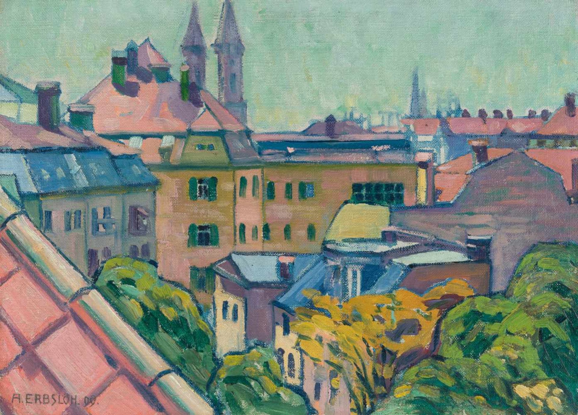 Adolf Erbslöh1881 New York - Irschenhausen 1947Blick auf die StadtÖl auf Leinwand, auf Pappe