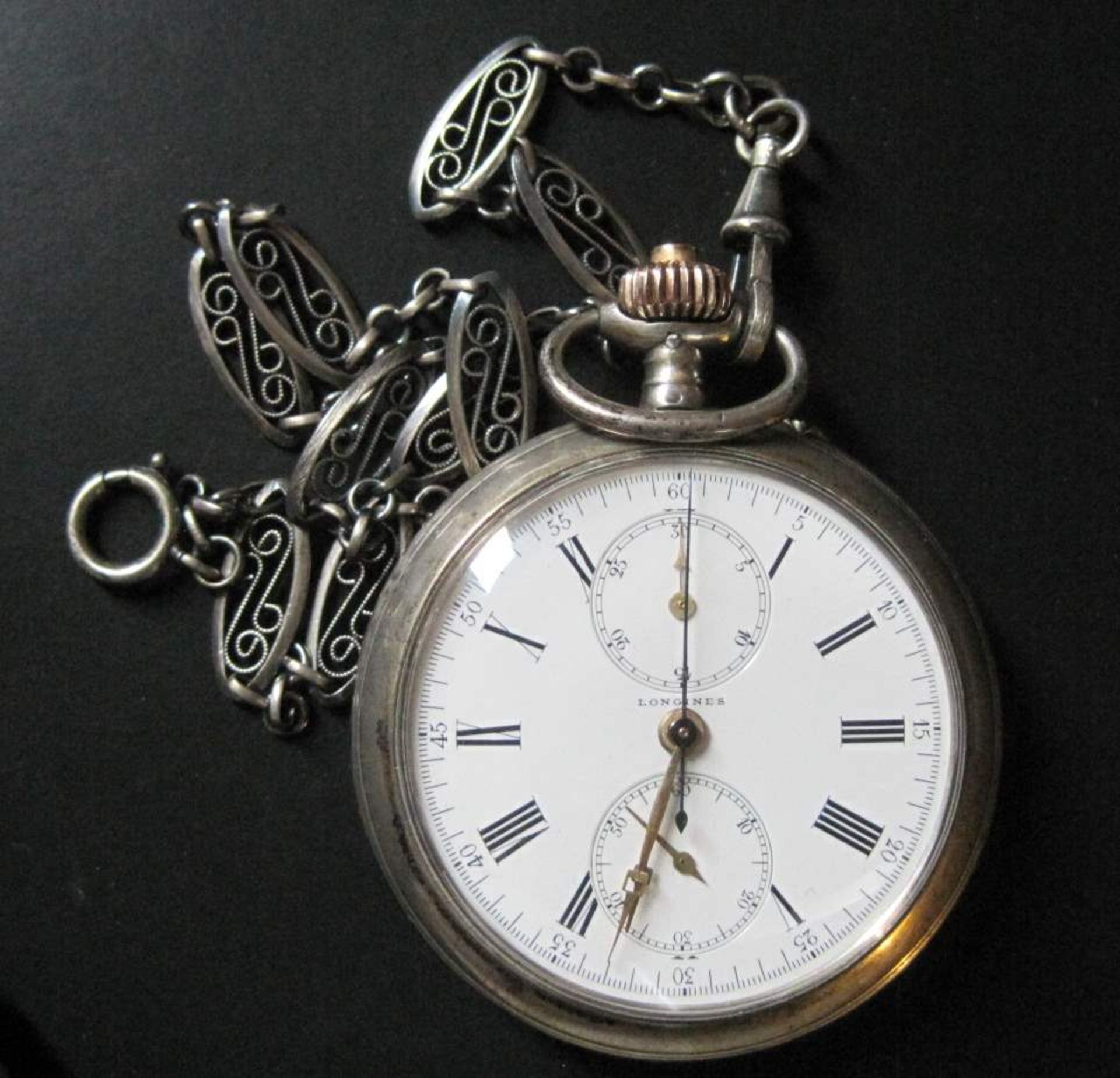 Solid silver pocket watch by LONGINES, with chronometer, chain, circa 1900, diameter: [...]