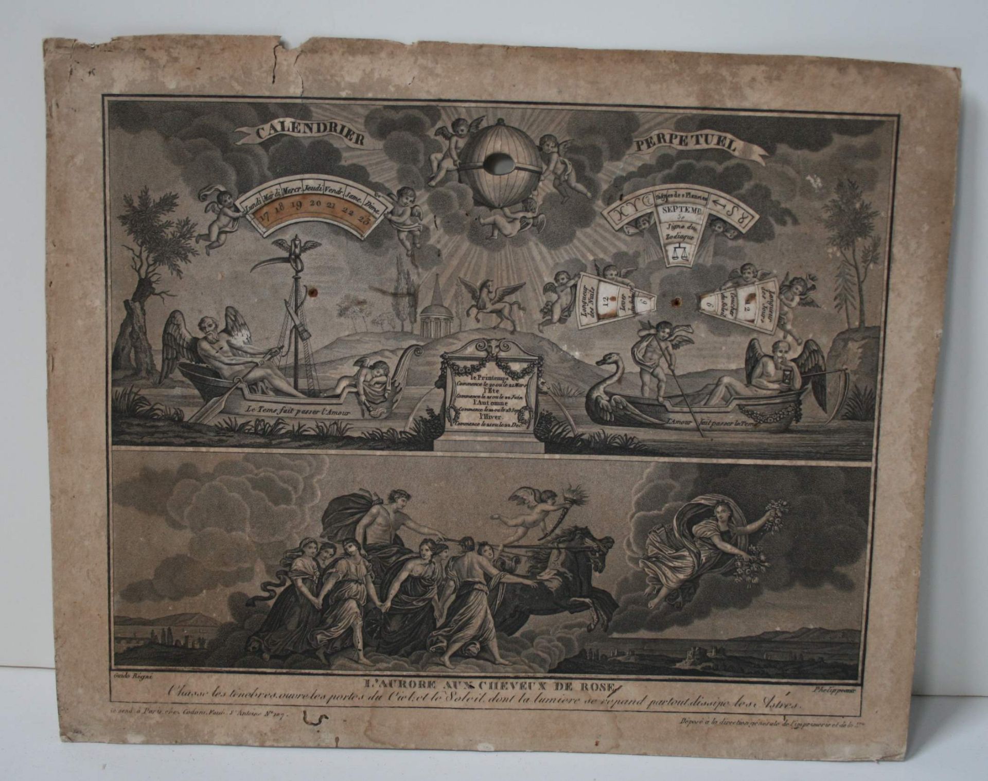 Calendar Perpetual eighteenth on strong card, drawing of Phelippeaux: "Aurora with [...]