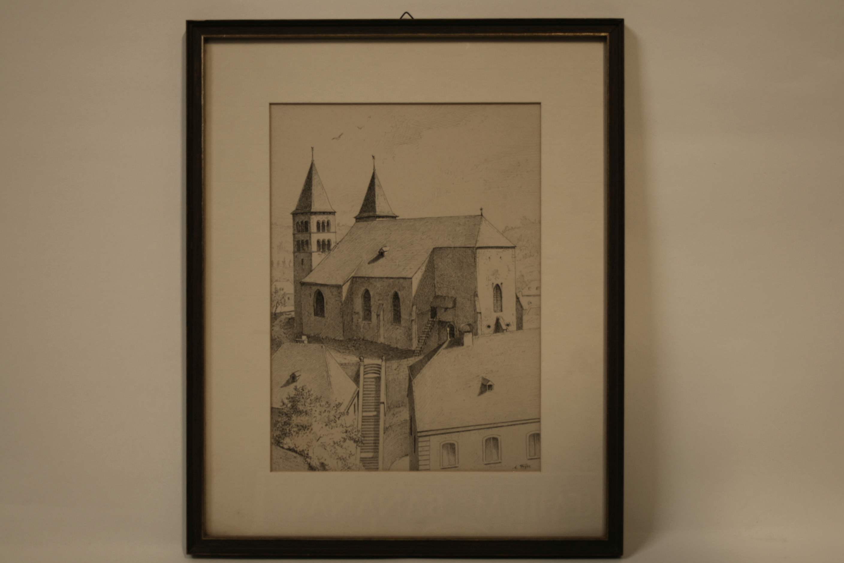 André THYES (1867-1952), Luxembourg artist, Drawing: Church of the Moselle Valley, [...]