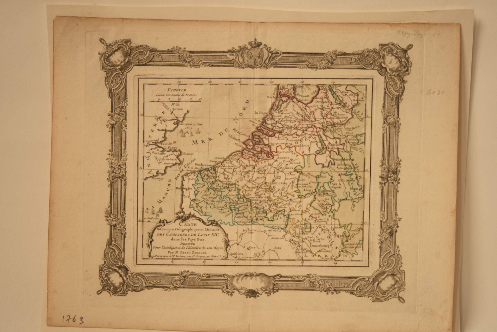 Carte aquarellée des Provinces Unies (Pays-Bas, Belgique et Luxembourg), encadrement [...]